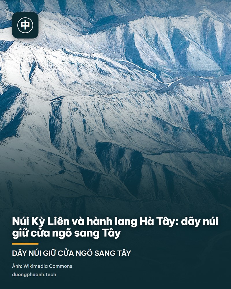 Thung lũng dưới chân dãy Kỳ Liên Sơn: những đỉnh núi phủ tuyết trắng ở phía xa, phía trước là các đồi đất đỏ và vàng bị xói mòn thành rãnh, xen giữa là rừng thông xanh và những vạt ruộng xếp theo đường đồng mức.