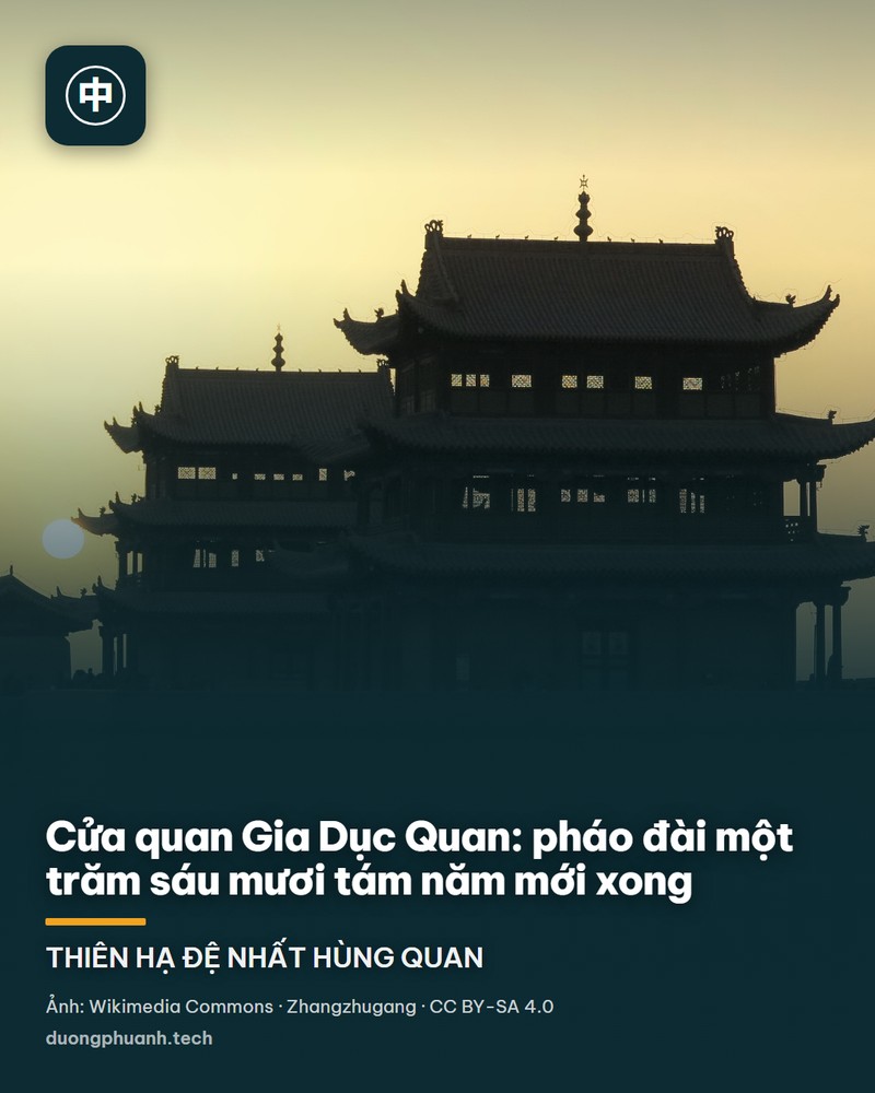 Lầu cửa quan Gia Dục Quan nhìn từ khoảng sân trước: toà lầu gỗ ba tầng mái cong với tấm biển khắc chữ Hán trên nền trời xanh, bên dưới là tường thành đất nện cao có lỗ châu mai chạy dài hai bên, trước mặt là sân đá và nền đất sỏi, một nhóm khách đang đứng chụp ảnh.