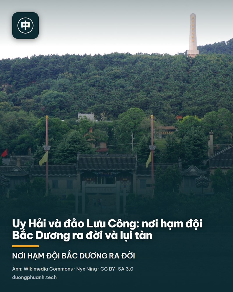 Ảnh khu bảo tàng Chiến tranh Giáp Ngọ trên đảo Lưu Công: nhà bảo tàng thấp, mặt ốp đá, trên nóc là tượng một sĩ quan hải quân áo choàng dài, một tay giơ kính viễn vọng nhìn ra biển; bên phải có một tảng đá đen lớn đặt nghiêng trên bệ và bậc đá dẫn lên; phía sau là mặt biển xám và vài con thuyền nhỏ.