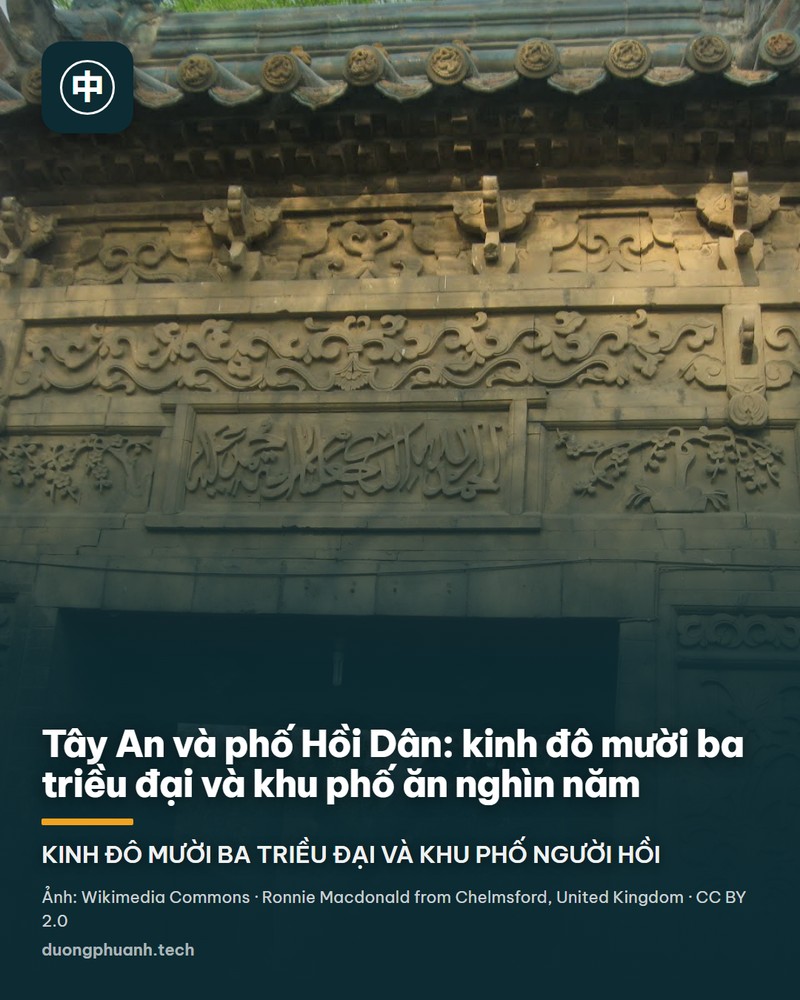 Phố Hồi Dân ở Tây An: con phố lát đá rộng, hai bên là dãy nhà gỗ mái ngói theo kiểu Minh – Thanh với biển hiệu son đỏ và vàng, đám đông người đi bộ, một biển chỉ dẫn xanh có chữ Hán, phía trên là bầu trời trong.