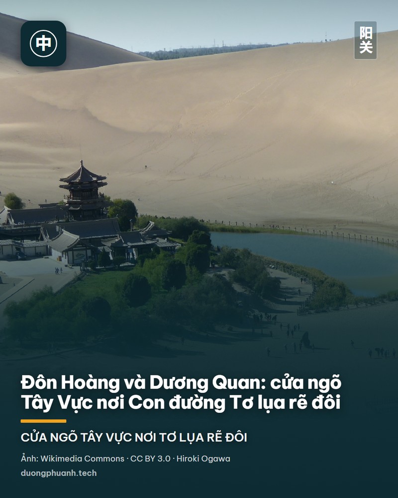 Nguyệt Nha Tuyền ở Đôn Hoàng: hồ nước hình lưỡi liềm xanh biếc nằm gọn dưới chân đồi cát Minh Sa, quanh hồ là cụm đình gác mái cong kiểu Đường và hàng cây xanh, trên sườn cát vàng có người leo dốc và xe địa hình, phía xa là dải cây của ốc đảo dưới bầu trời xanh không mây.