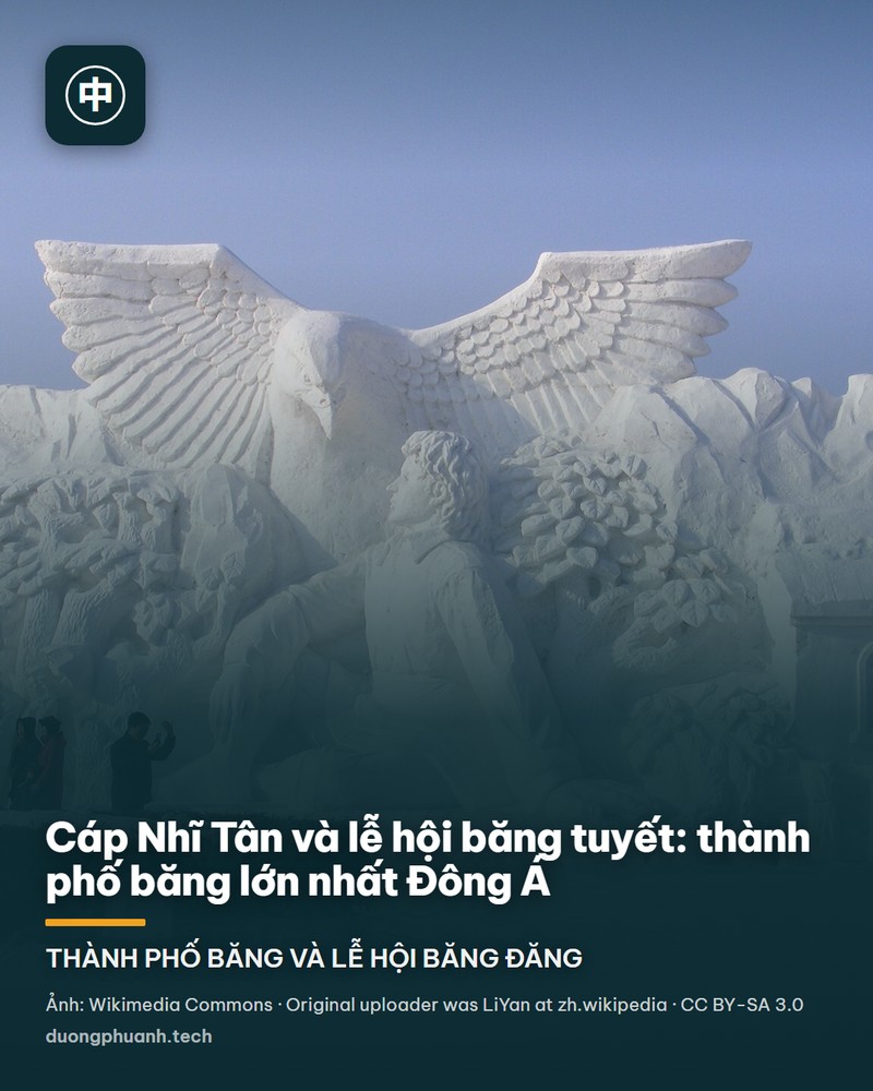 Đêm lễ hội băng tuyết Cáp Nhĩ Tân: các tòa lâu đài bằng khối băng trong suốt dựng cao giữa nền tuyết trắng, ánh sáng xanh lam phản chiếu trong băng, phía trên là bầu trời mùa đông nhạt màu.