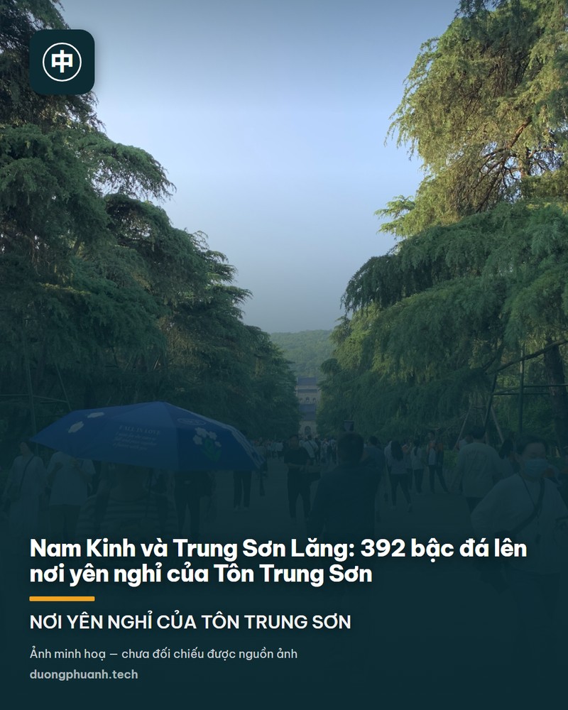 Nhìn từ trên đỉnh dãy bậc thang Trung Sơn Lăng xuống: Lăng Môn mái ngói xanh lam nằm giữa trục thần đạo rộng lát đá, hai bên là rừng cây mùa thu vàng đỏ, phía xa là dãy Tử Kim Sơn và đường chân trời thành phố Nam Kinh, đông người qua lại trên các bậc đá
