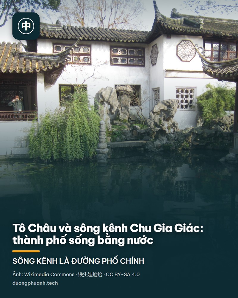 Dòng kênh Sơn Đường ở Tô Châu: mặt nước xanh phẳng phản chiếu dãy nhà cổ tường trắng mái ngói xám chạy dọc bờ trái, cuối kênh là một cây cầu đá hình vòm bắc ngang; bên phải khung hình có cột đèn treo ba chùm lồng đèn đỏ và vài tấm vải phơi, phía trên là bầu trời xanh có mây trắng.