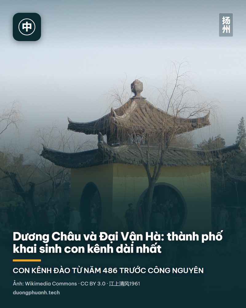 Khu Sấu Tây Hồ ở Dương Châu: mặt nước rộng có chiếc thuyền gỗ chở khách đang chạy, bên trái là ngọn tháp trắng thon cao giữa rừng cây, giữa khung hình là dãy hành lang và nhà cổ mái cong nằm bên bờ, bên phải là cầu Ngũ Đình với năm ngôi đình mái vàng xếp so le nhau trên trụ đá.