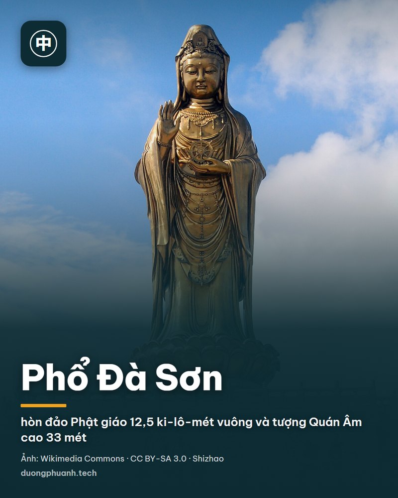 Tượng Quán Âm mạ vàng đứng trên đài sen, tay trái nâng bánh xe pháp, tay phải giơ lên, đặt trên bệ đá ba tầng chạm chữ Hán; phía sau là trời xanh mây trắng, dưới chân tượng có vài du khách đứng rất nhỏ so với pho tượng.