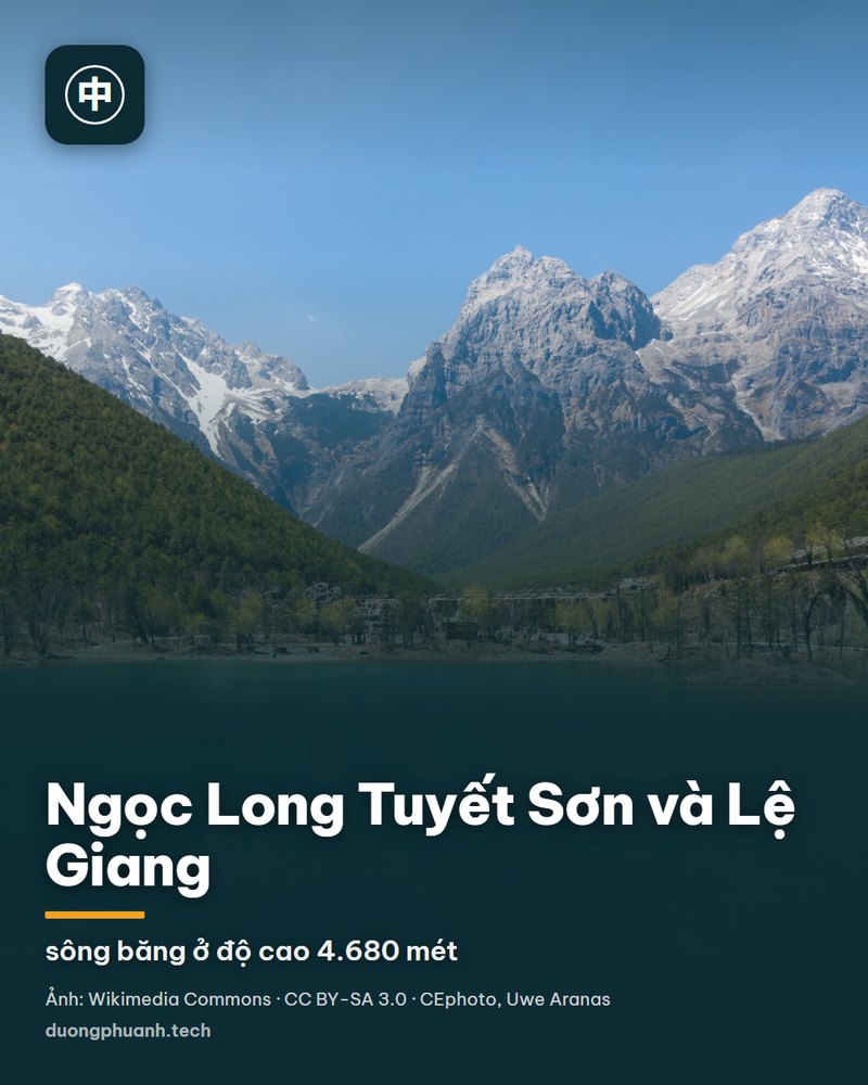 Dãy núi tuyết Ngọc Long nhìn từ phía Lệ Giang: nhiều đỉnh đá xám xen những mảng tuyết trắng lớn, phần chân núi phủ rừng thông xanh sẫm, phía trên là nền trời xanh nhạt có mây mỏng kéo ngang.
