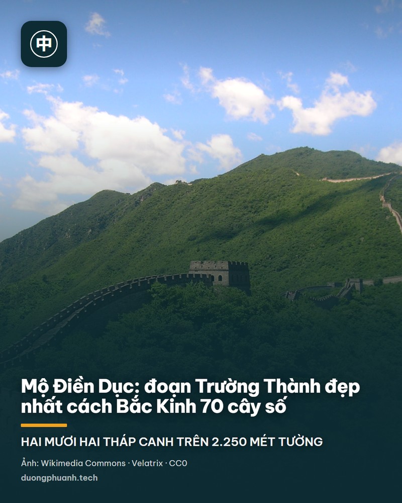 Toàn cảnh đoạn Trường Thành Mộ Điền Dục: bức tường đá xám uốn theo sống núi, nhiều tháp canh nhô lên theo từng khúc ngoặt, hai bên là sườn núi khô phủ cây vàng úa mùa thu dưới nền trời xanh nhạt.