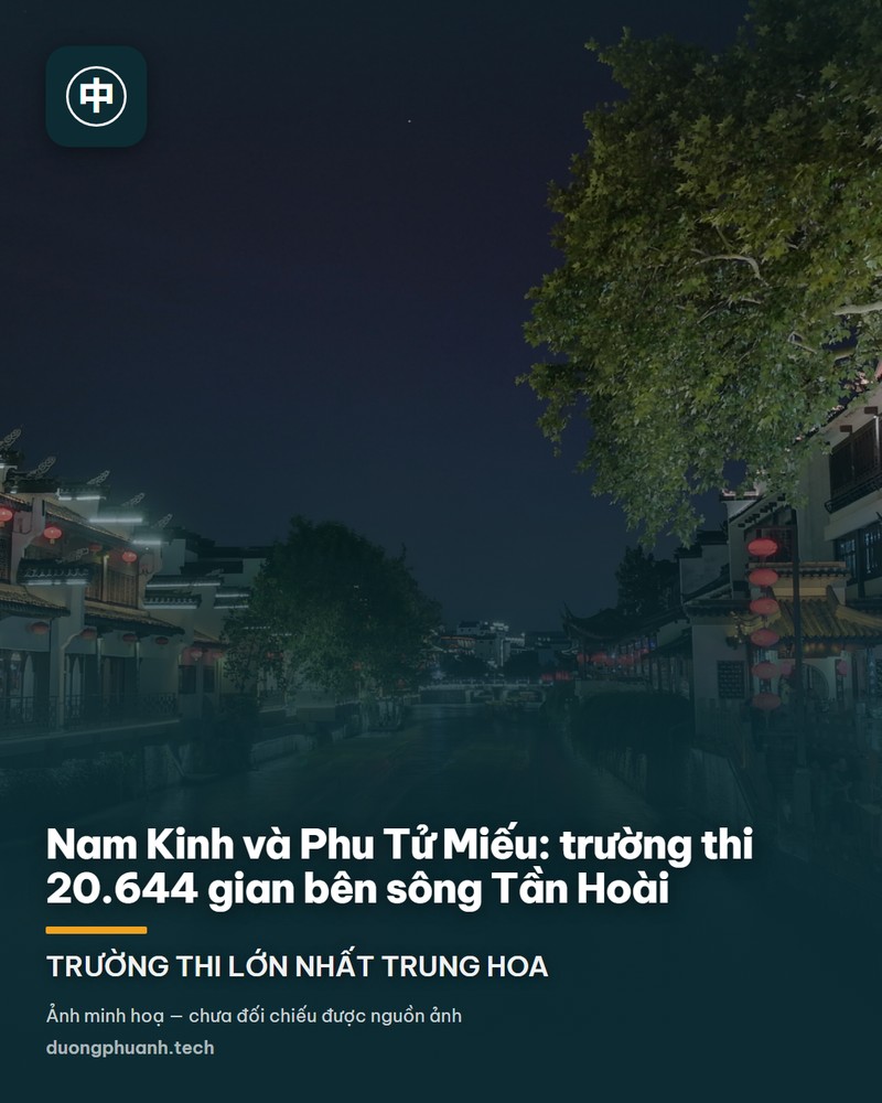 Cảnh đêm Phu Tử Miếu Nam Kinh bên sông Tần Hoài: dãy nhà cổ mái cong hai tầng được viền đèn vàng và xanh lam, hàng cột đèn sáng rực hai bên bờ, thuyền và đám đông trên bến, mặt sông đen phản chiếu những vệt sáng đỏ, vàng, xanh lung linh