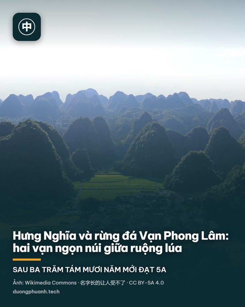 Toàn cảnh rừng đá Vạn Phong Lâm nhìn từ trên cao: hàng trăm ngọn núi đá vôi hình chóp phủ cây xanh xếp tầng tới tận chân trời, giữa các ngọn là ruộng lúa vàng và một cụm làng mái ngói trắng nằm ven con đường nhỏ, dưới nền trời xanh trong.