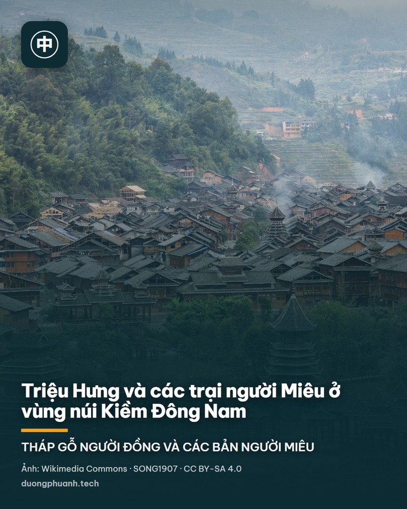 Làng Triệu Hưng nhìn ngang: bên phải nổi lên một ngôi tháp trống gỗ nhiều tầng mái cong, tầng trên sơn đỏ, đứng cạnh những nếp nhà gỗ mái ngói xám; trước mặt là khoảng sân đất và vũng nước phản chiếu chân tháp, phía sau là sườn núi phủ rừng xanh dưới nền trời nhạt.