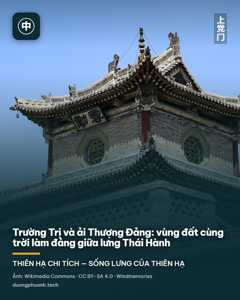 Cổng Thượng Đảng ở trung tâm thành phố Trường Trị dưới trời xanh: cổng gỗ ba gian mái ngói cong, cột sơn đỏ, phía sau bên phải là tòa lầu gác nhiều tầng mái cong; trước cổng có bậc thềm đá rộng, đôi sư tử đá và lan can đá trắng hai bên.