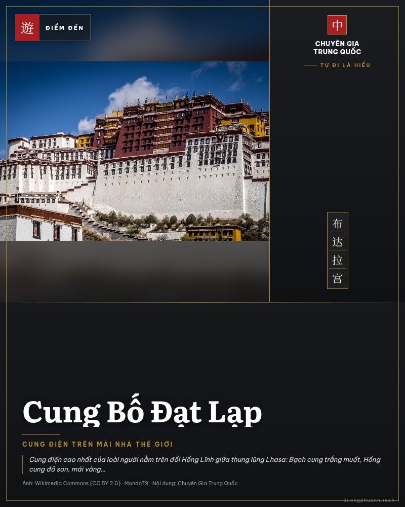 Cung Bố Đạt Lạp trắng đỏ trên đồi Hồng Lĩnh giữa nền trời xanh Lhasa