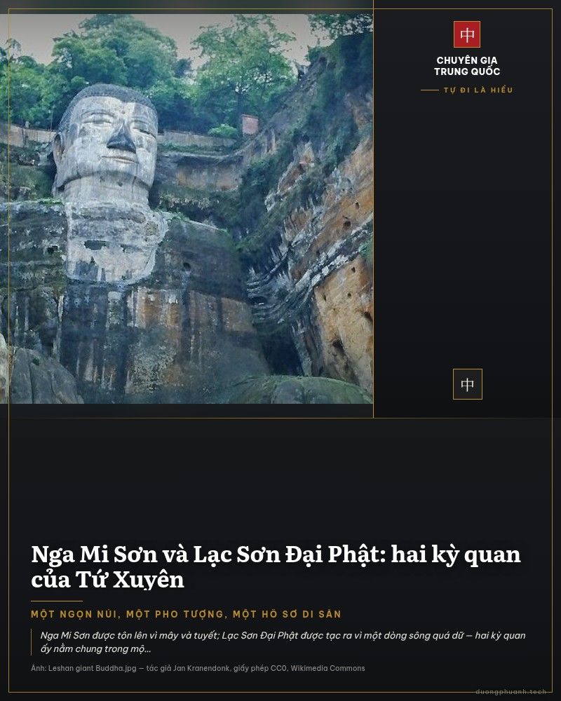 Lạc Sơn Đại Phật nhìn từ bờ sông đối diện: tượng Phật khổng lồ ngồi trong vách đá vàng nâu, đầu tượng ngang tầm những ngọn cây trên đỉnh vách, hai tay đặt trên gối, dưới chân tượng là bến sông có du khách đứng nhỏ xíu và một mái đình nhỏ.