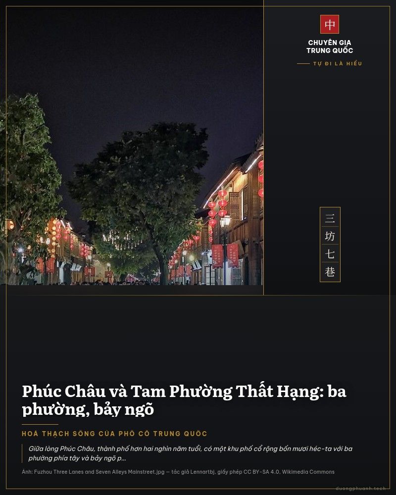 Phố cổ Nam Hậu Nhai trong khu Tam Phường Thất Hạng ở Phúc Châu về đêm, hai bên là dãy nhà gỗ mái ngói truyền thống, đèn lồng đỏ treo cao và người đi bộ trên nền đá