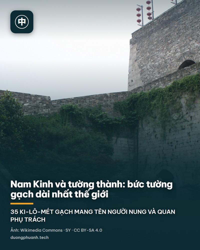 Lối đi trên mặt tường thành Nam Kinh lát gạch xám, hai bên là lan can đá và đèn lồng đỏ, phía dưới là hàng cây xanh, xa hơn là hồ nước và các toà nhà cao tầng của thành phố