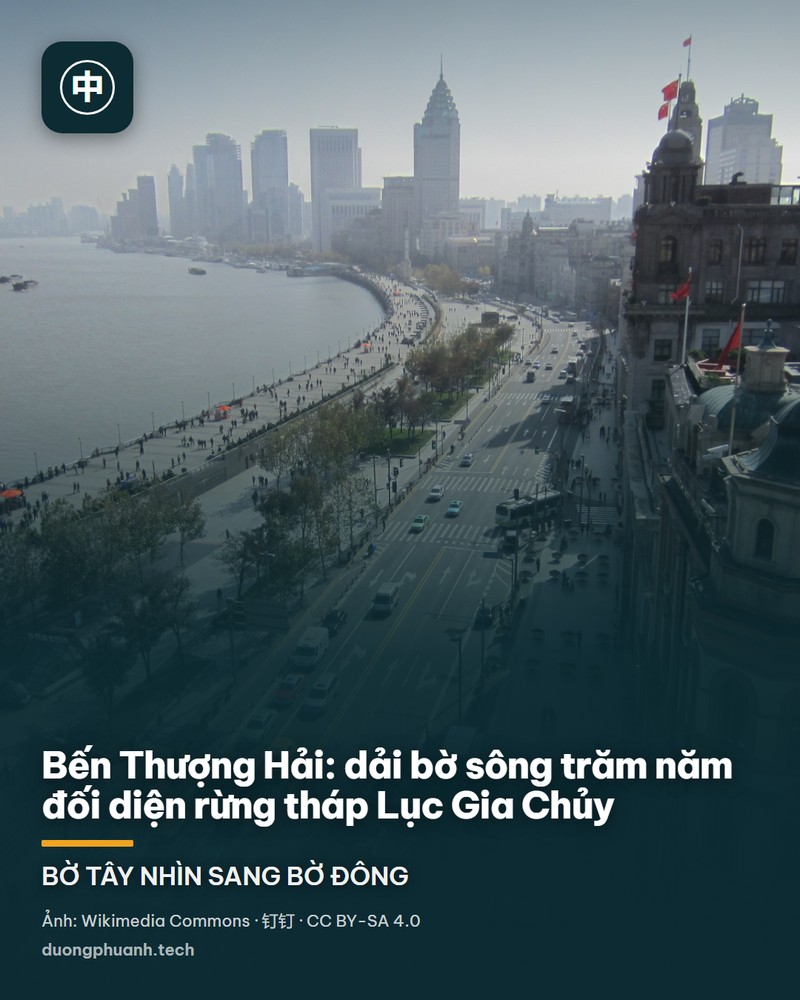 Toàn cảnh khu tài chính Lục Gia Chủy ở Thượng Hải về đêm nhìn từ Bến Thượng Hải: tháp truyền hình Minh Châu Phương Đông với các quả cầu phát sáng nổi bật bên trái, phía sau là tháp Kim Mậu, Thượng Hải Hoàn Cầu Trung Tâm và Thượng Hải Trung Tâm; mặt sông Hoàng Phố phản chiếu ánh đèn xanh đỏ trên nền trời đêm.