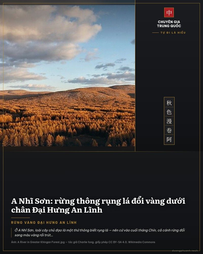 Cảnh thu trên dãy Đại Hưng An Lĩnh: một khúc sông uốn qua thung lũng, hai bên bờ là rừng thông rụng lá đã chuyển vàng cam rực rỡ dưới nắng chiều, xen lẫn những dải bạch dương trắng, phía xa là các dãy đồi thấp nhuốm vàng và nền trời xanh có mây.