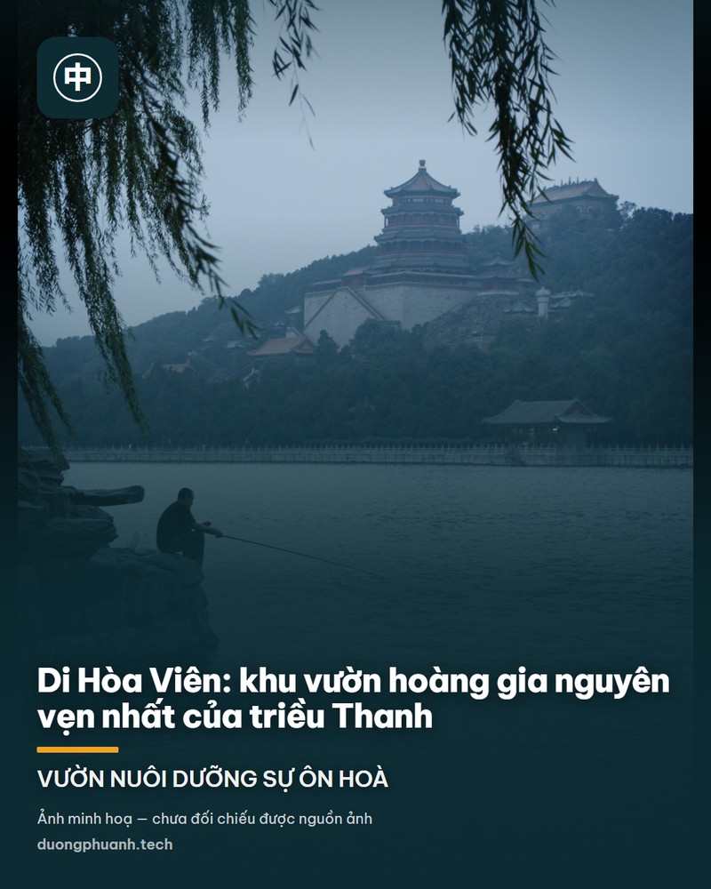 Hồ Côn Minh phẳng lặng phản chiếu gác Phật Hương ba tầng nằm trên đỉnh Vạn Thọ sơn, phía trước là vòm lá liễu rủ xuống khung hình, bên trái một người đàn ông ngồi câu cá trên ghềnh đá.