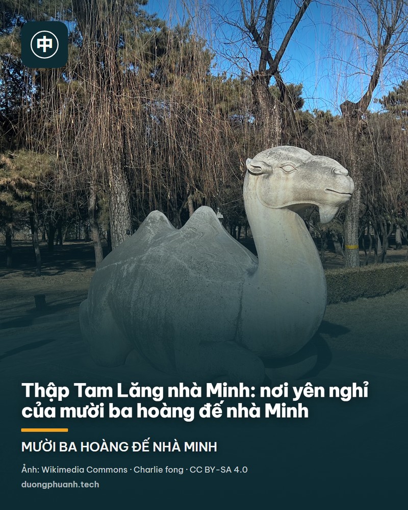 Tượng đá hình con voi quỳ trên Thần Đạo ở Thập Tam Lăng nhà Minh: khối đá xám phủ vết phong hoá, vòi dài cuộn xuống chân, hai tai lớn, đặt trên bệ đá giữa nền sỏi, phía sau là hàng liễu xanh và lối đi có vài du khách.