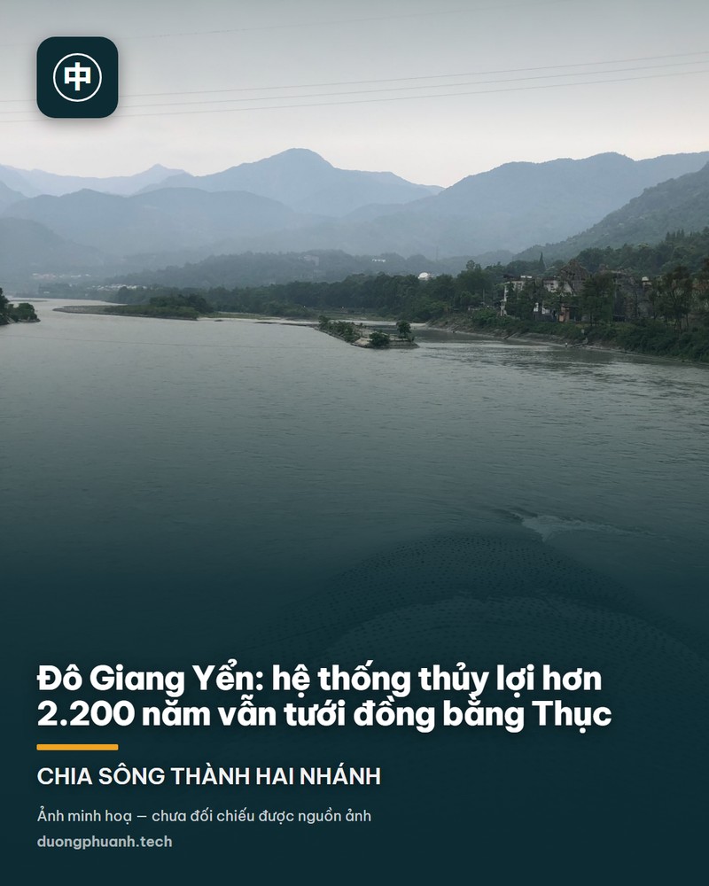 Toàn cảnh hệ thống Đô Giang Yển nhìn từ trên cao: dòng Mân Giang đục màu phù sa tách thành hai nhánh quanh doi đá hình mũi cá, một cây cầu treo vắt ngang nhánh trong, hai bên bờ là rừng cây xanh dày và những dãy núi mờ trong sương ở phía xa.