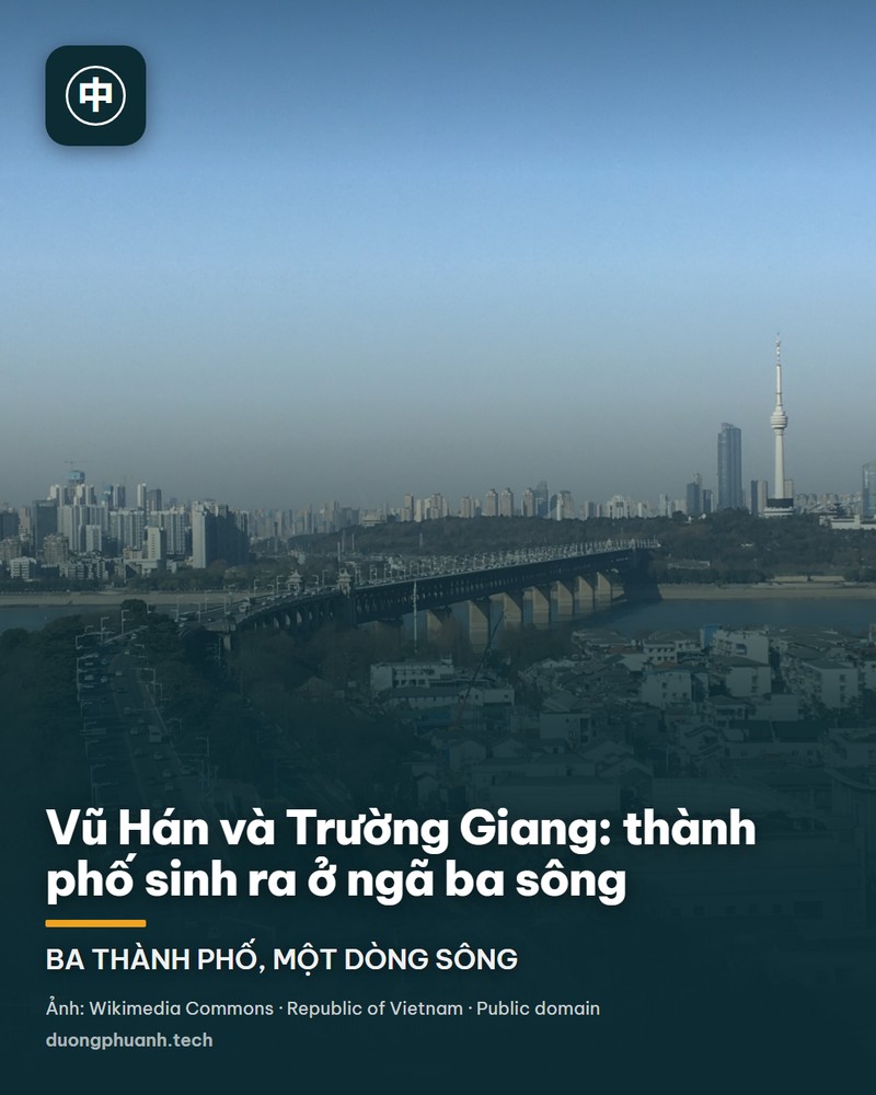 Cầu Trường Giang thứ nhất ở Vũ Hán nhìn từ bờ: kết cấu thép vắt qua dòng sông rộng màu phù sa, các trụ bê-tông lớn đứng giữa nước, phía trên là mặt đường có đèn, một cành cây xanh rủ xuống khung hình bên phải và lan can đá ven bờ ở tiền cảnh.