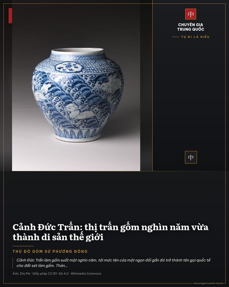 Bảo tàng lò gốm hoàng gia Cảnh Đức Trấn với dãy vòm cuốn ốp gạch nung màu nâu đỏ uốn cong như những lò gốm khổng lồ nằm cạnh nhau trên nền sỏi sáng, phía trước là hồ nước phẳng phản chiếu bóng công trình, trên là bầu trời xanh có mây trắng dày.