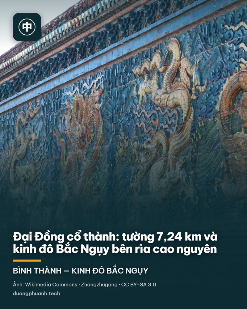 Tường thành cổ bằng gạch xanh của Đại Đồng chạy ngang dưới nền trời xanh, trên mặt tường có các tháp canh mái cong và hàng lỗ châu mai; phía trước là hào nước phẳng lặng phản chiếu bầu trời, hai bên bờ hào là lối đi lát đá và dải cây xanh, phía sau tường thấp thoáng vài toà nhà cao tầng hiện đại
