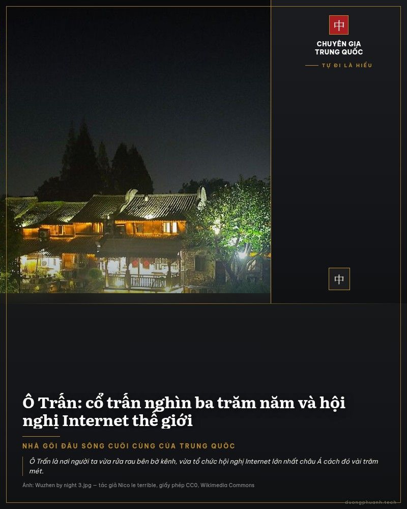 Cổ trấn Ô Trấn về đêm nhìn từ trên cao: hai dãy nhà gỗ hai tầng được chiếu sáng vàng ấm nằm hai bên con kênh, ánh đèn và hàng cây in bóng xuống mặt nước đen, bầu trời đêm tối phía trên.