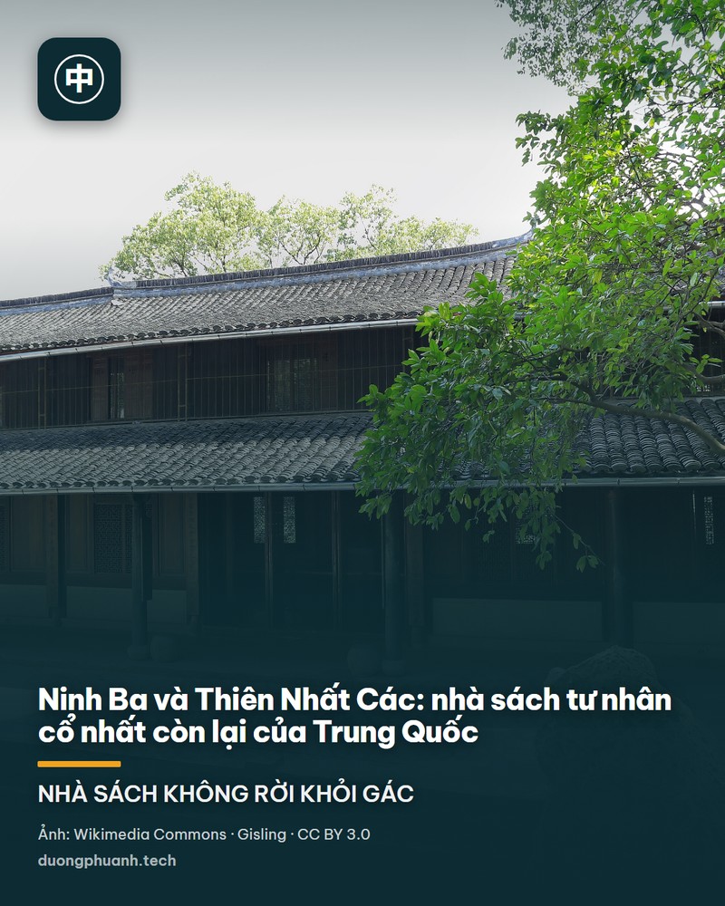 Tòa nhà thư viện hai tầng của Thiên Nhất Các ở Ninh Ba: dãy nhà gỗ dài với cửa chấn song gỗ sẫm màu, mái ngói xám hai lớp, hàng cột gỗ đỡ hiên, phía trước là khoảnh sân lát đá và mặt ao xanh có đá non bộ.