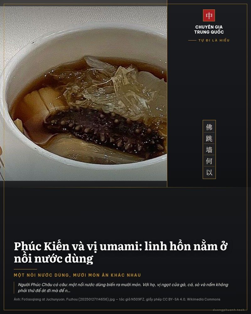 Một bát sứ trắng đựng món nước trong nâu nhạt, bên trên nổi bào ngư, hải sâm đen và một miếng da cá, tất cả đặt trên đĩa trắng, trên khăn trải bàn màu kem