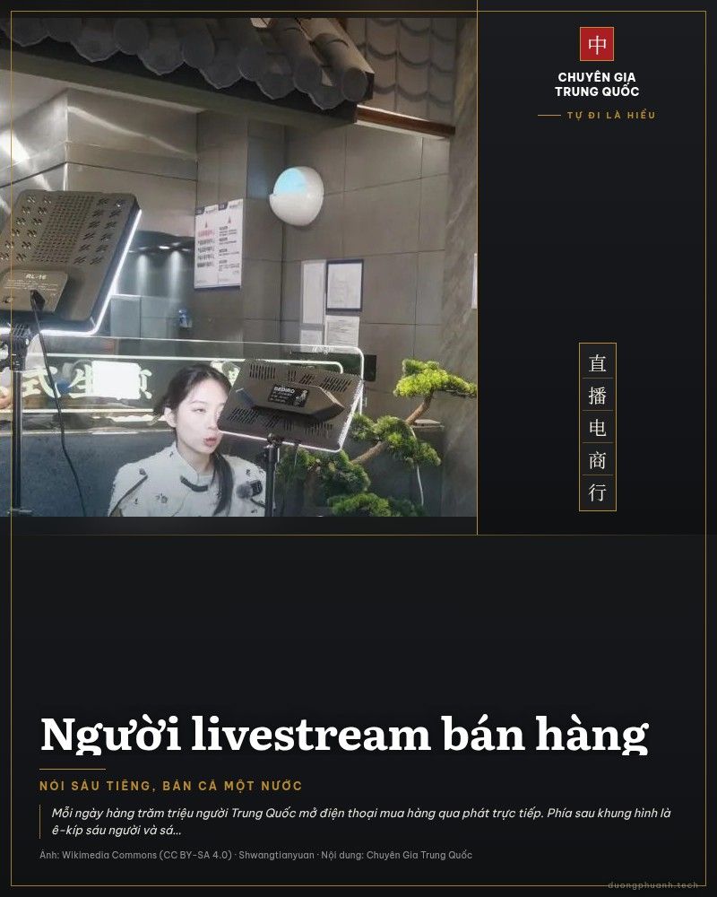 Người phụ nữ livestream bán hàng trong quán ăn, hai điện thoại trên giá đỡ và đèn LED