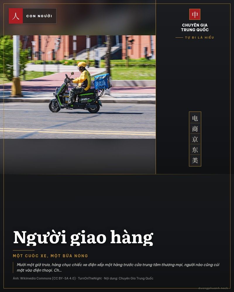 Người giao hàng áo vàng chạy xe máy điện chở thùng đồ ăn trên phố