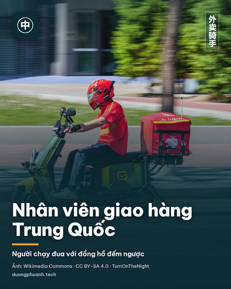 Hai nhân viên giao hàng Trung Quốc đội mũ bảo hiểm xanh và vàng, mặc đồng phục, ngồi trên xe điện chở thùng giữ nhiệt tại một ngã tư đông xe cộ ở Diên Cát