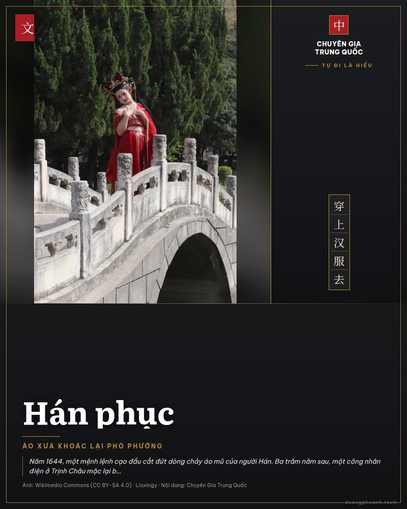 Thiếu nữ mặc hán phục đỏ kiểu Đường, trâm cài rực rỡ trên cầu đá