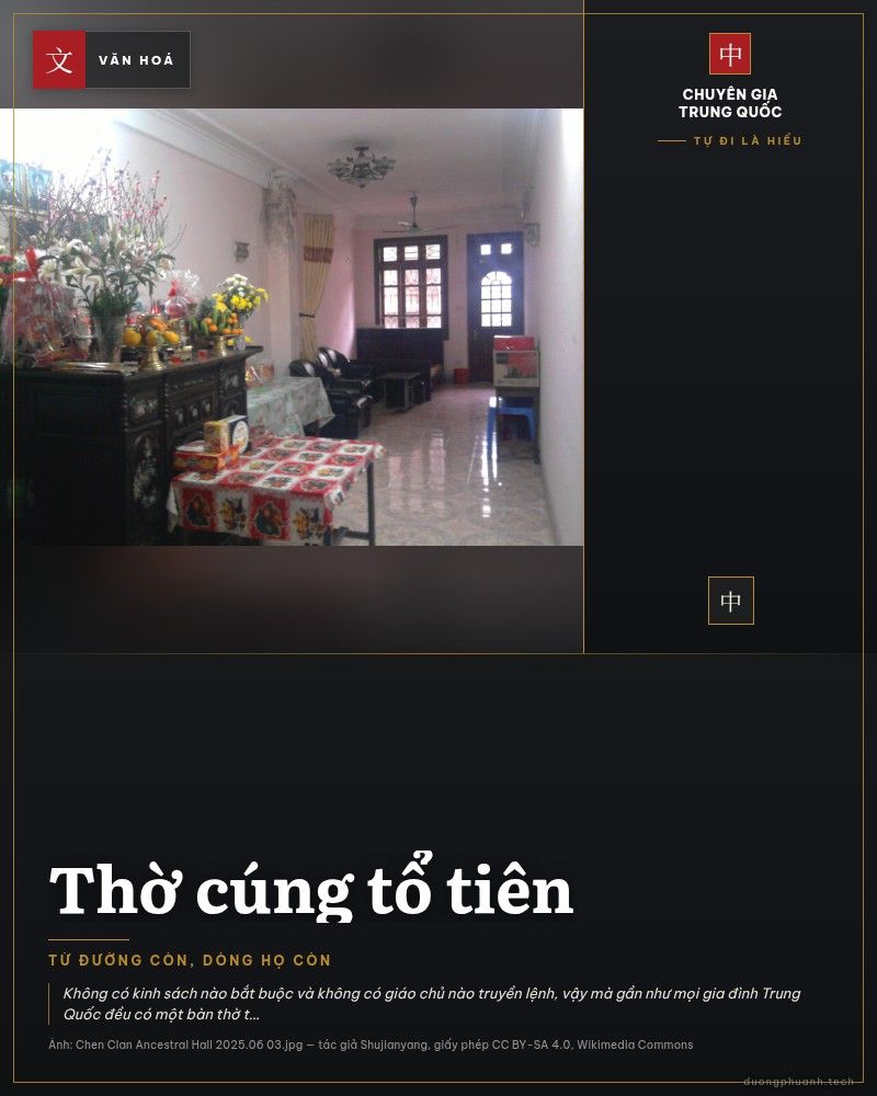 Mặt tiền Từ đường họ Trần ở Quảng Châu dưới trời xanh, với sư tử đá trước cửa, đèn lồng đỏ và dải tượng đất nung trang trí trên nóc