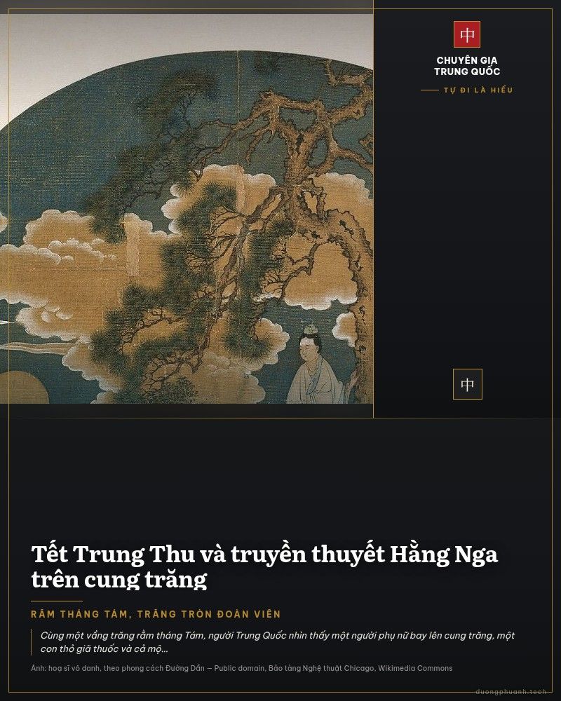 Tranh tròn vẽ nữ thần Hằng Nga trong áo trắng đứng dưới gốc tùng già, phía xa là mặt trăng sáng và những áng mây vàng trên nền trời xanh thẫm