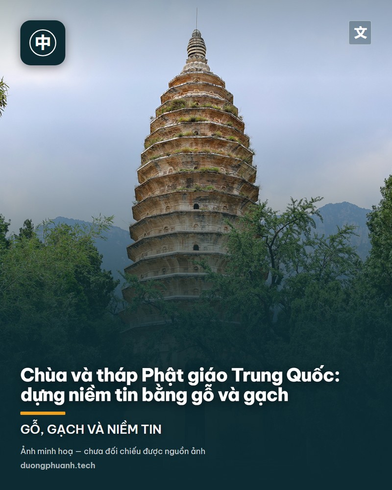 Toà tháp gỗ nhiều tầng của chùa Phật Cung ở huyện Ứng, tỉnh Sơn Tây, vươn cao giữa nền trời xám; các tầng mái và hệ đấu củng bằng gỗ xếp lớp rõ nét
