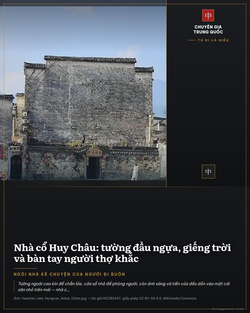 Làng cổ Hoành Thôn ở An Huy: mặt nước phẳng in bóng những ngôi nhà tường trắng vôi, mái ngói xám và đầu hồi bậc thang, phía sau là một dãy núi mờ