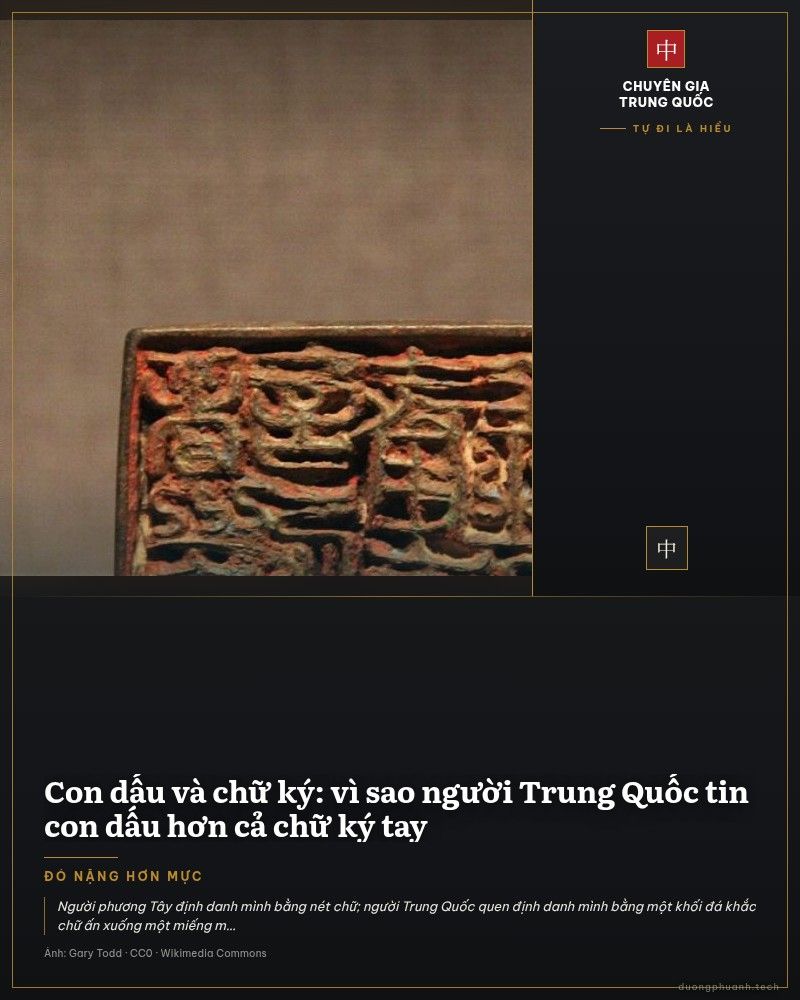 Cận cảnh một con dấu đồng thời Đường đặt trên giá trưng bày trong bảo tàng: mặt dấu hình vuông khắc chữ triện chìm, còn đọng vệt son đỏ trong các đường nét và thân dấu phủ lớp gỉ xanh.
