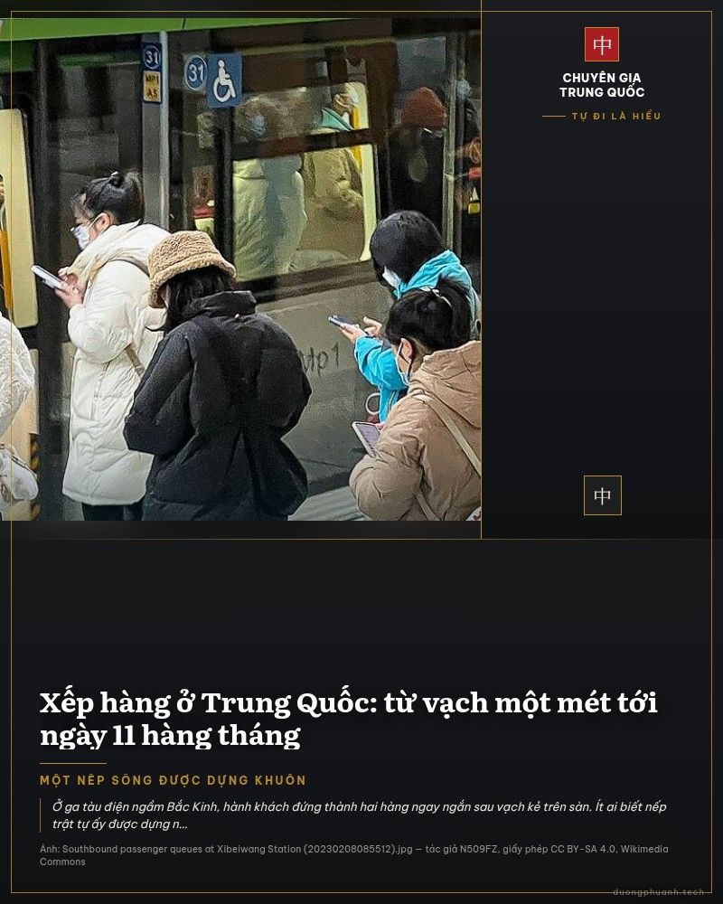 Hành khách đứng xếp thành hai hàng ngay ngắn trên sân ga tàu điện ngầm, chờ cửa toa tàu mở; trên sàn có các ô vuông đánh dấu vị trí đứng, phía sau là đoàn tàu màu xanh đang dừng