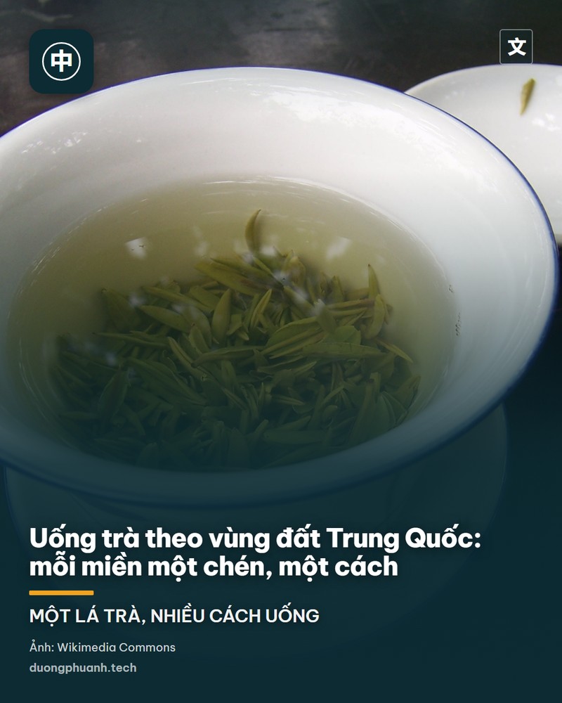 Cổng vào một quán trà trong công viên ở Thành Đô: mái ngói cong có tấm biển chữ Hán, hai bên là hàng trúc và cây xanh rợp bóng, phía sau cổng là những dãy bàn ghế mây đông người ngồi uống trà dưới tán cây
