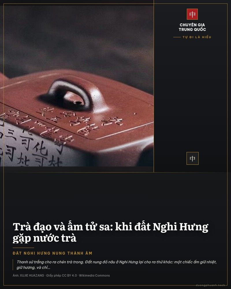 Một ấm tử sa Nghi Hưng màu đỏ nâu tuyền thân vuông vức, quai và nắp có núm hình chữ nhật uốn cong, mặt ấm khắc chữ Hán, đặt trên nền gỗ tối trong ánh sáng dịu từ một phía