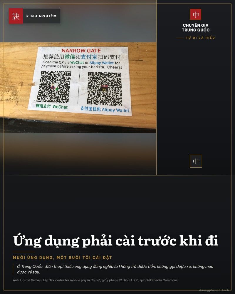 Bảng in mã QR thanh toán WeChat Pay và Alipay Wallet dán trên quầy gỗ ở Trung Quốc
