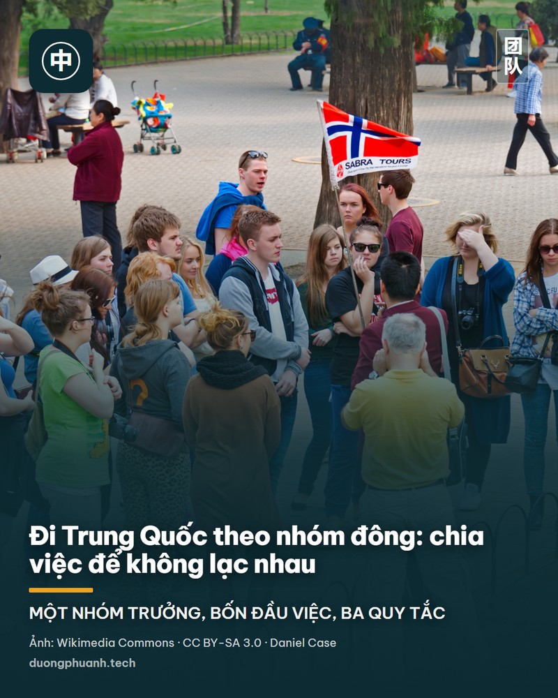Một đoàn khách du lịch theo nhóm đứng nghe hướng dẫn viên tại quảng trường rộng trước Thiên Đàn ở Bắc Kinh, người hướng dẫn cầm cờ nhỏ giữa nhóm