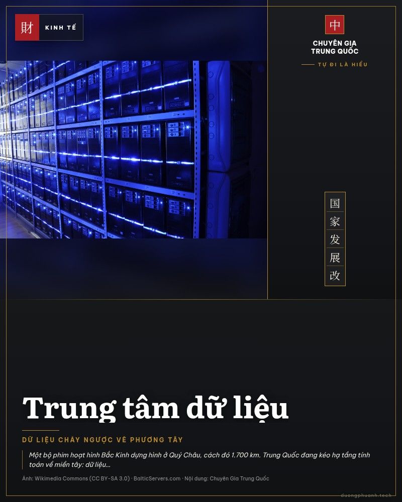 Hàng tủ máy chủ phát sáng xanh trong phòng dữ liệu