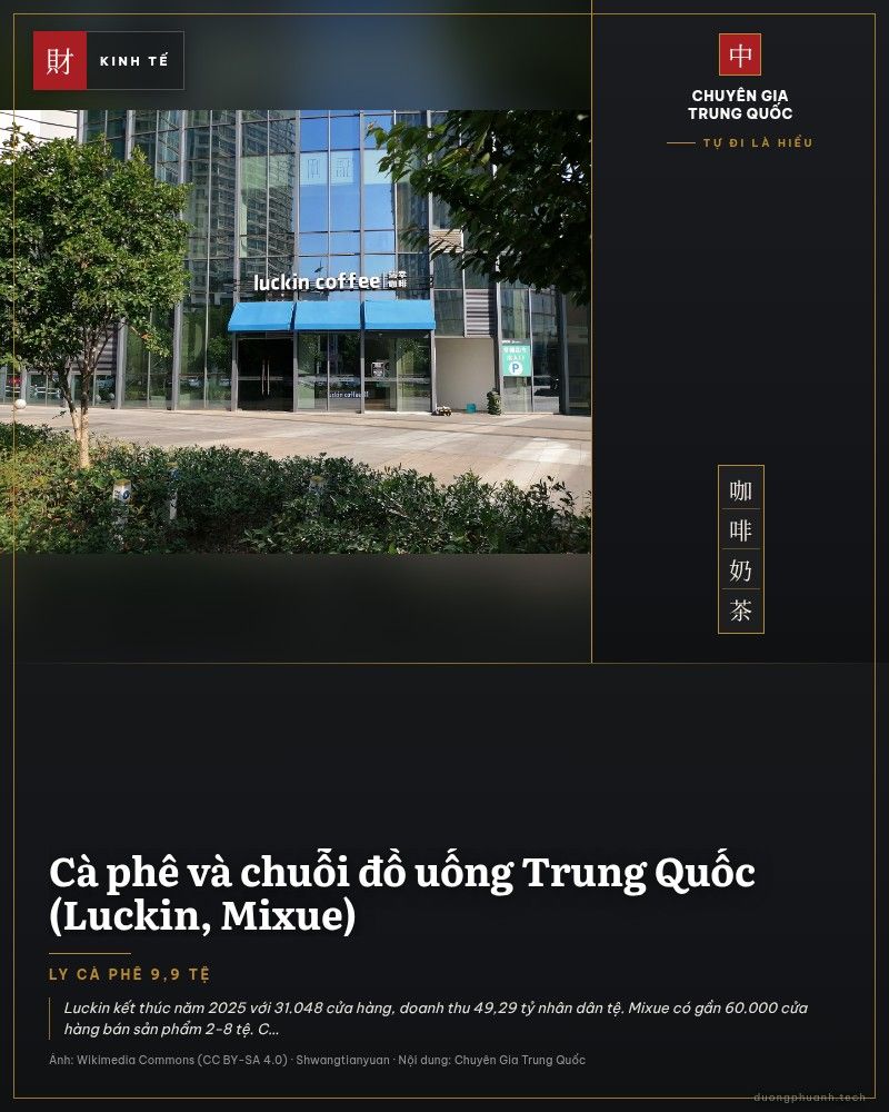 Cửa hàng cà phê Luckin với biển hiệu xanh đặt tại toà nhà ở Tô Châu