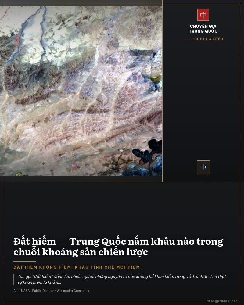 Ảnh vệ tinh mỏ đất hiếm Bayan Obo ở Nội Mông: giữa vùng đất khô màu nâu nhạt là những hồ chứa quặng đuôi đỏ rực và các ô khai thác xếp thành hình nhánh, kèm tuyến đường và các công trình nhỏ