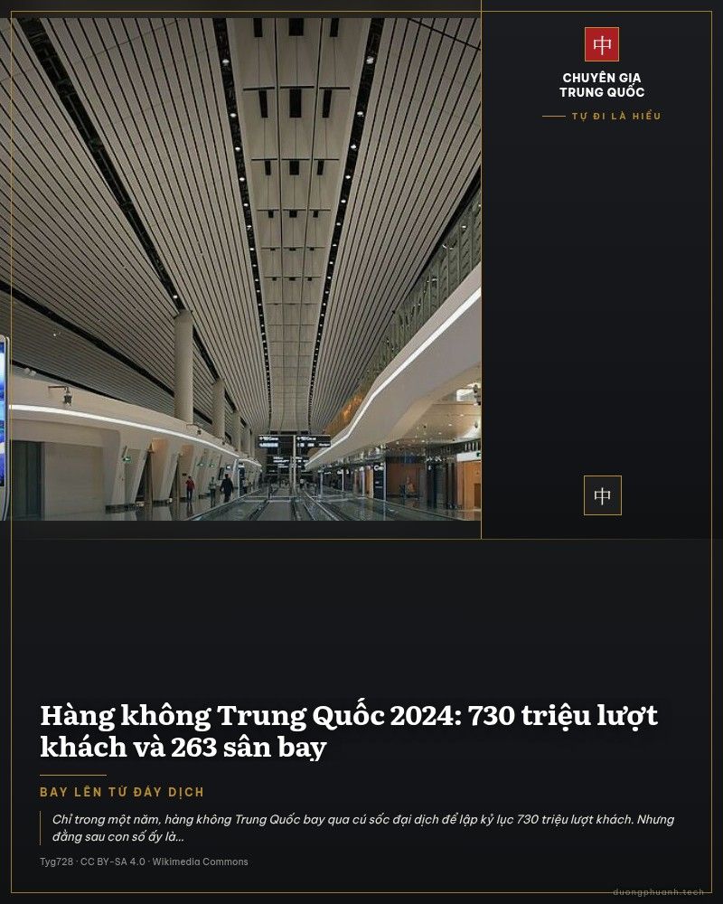 Bên trong nhà ga Sân bay quốc tế Đại Hưng Bắc Kinh: hành lang dài, trần dạng lam gỗ, thang cuốn ở giữa và dãy màn hình quảng cáo hai bên.