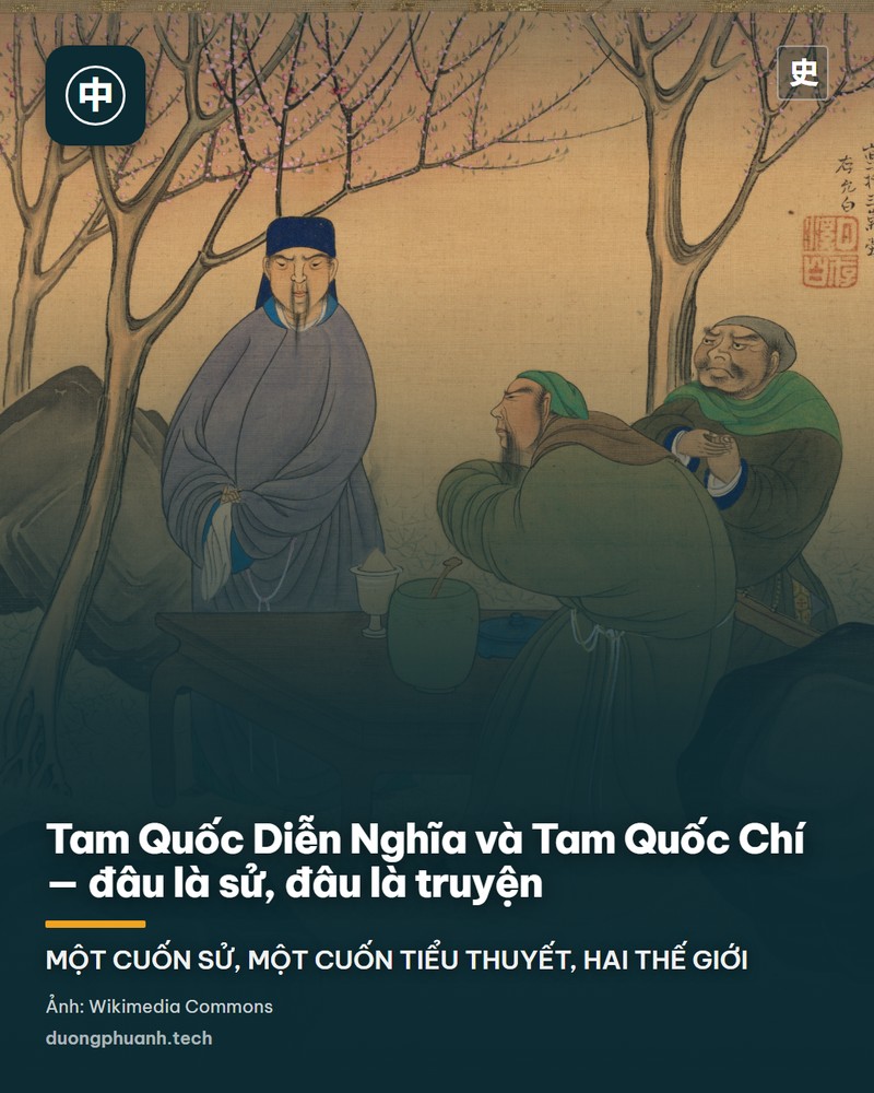 Trang sách khắc gỗ in năm 1591 minh hoạ tiểu thuyết Tam Quốc Diễn Nghĩa: bên trái là Lữ Bố trong giáp đứng cạnh Điêu Thuyền, bên phải một nhân vật đứng cạnh con hạc, hai bên là những hàng chữ Hán lớn trên nền giấy úa vàng